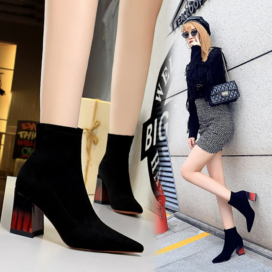 Fashion women boots Lint cotton decorative Pointed Low tube Thick high heel sexy size 34-40