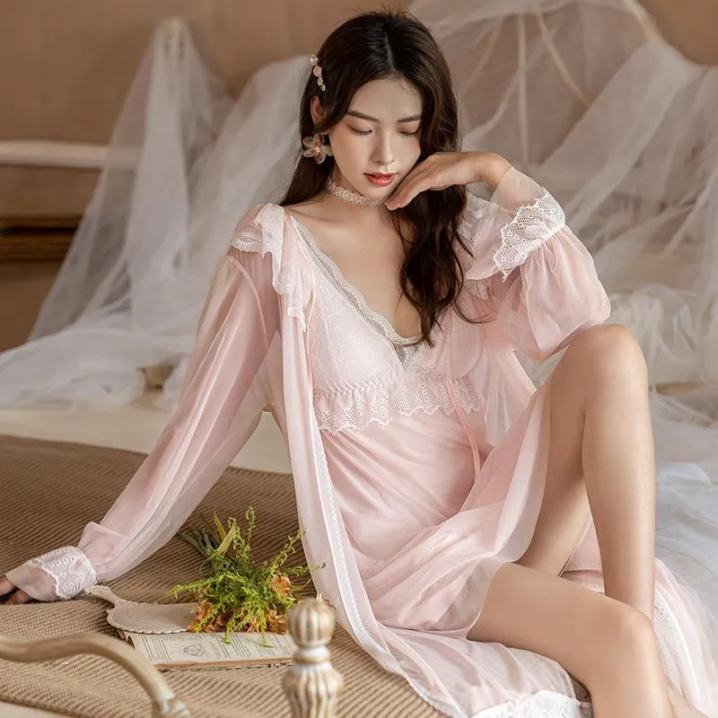 Elegant Womens Victorian Vintage Nightgown Set Autumn Lace Robe