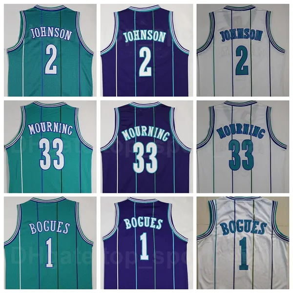 Herren Vintage Basketball Alonzo Mourning Jersey 33 Tyrone Muggsy Bogues 1 Larry Johnson 2 Retro Grün Weiß Lila Teamfarbe für Sportfans Gute Qualität im Angebot