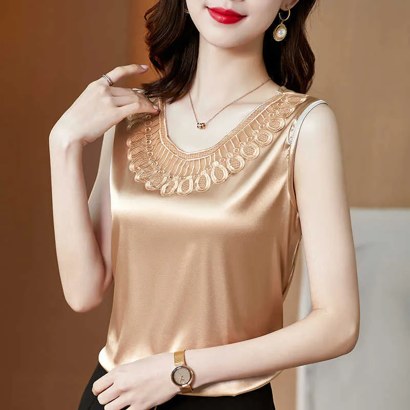 Summer Korean Fashion Silk Tank Top Women Satin Office Lady Lace Solid Sleeveless Plus Size XXXL/5XL Clothing for 210531