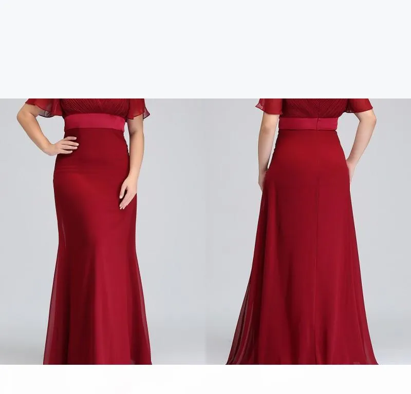 2018 nuovo a buon mercato Dark Red Plus Size Descaction Dresses con maniche corte con scollo a V Pleas Chiffon Formale sera da sera Abiti da ball CPS715