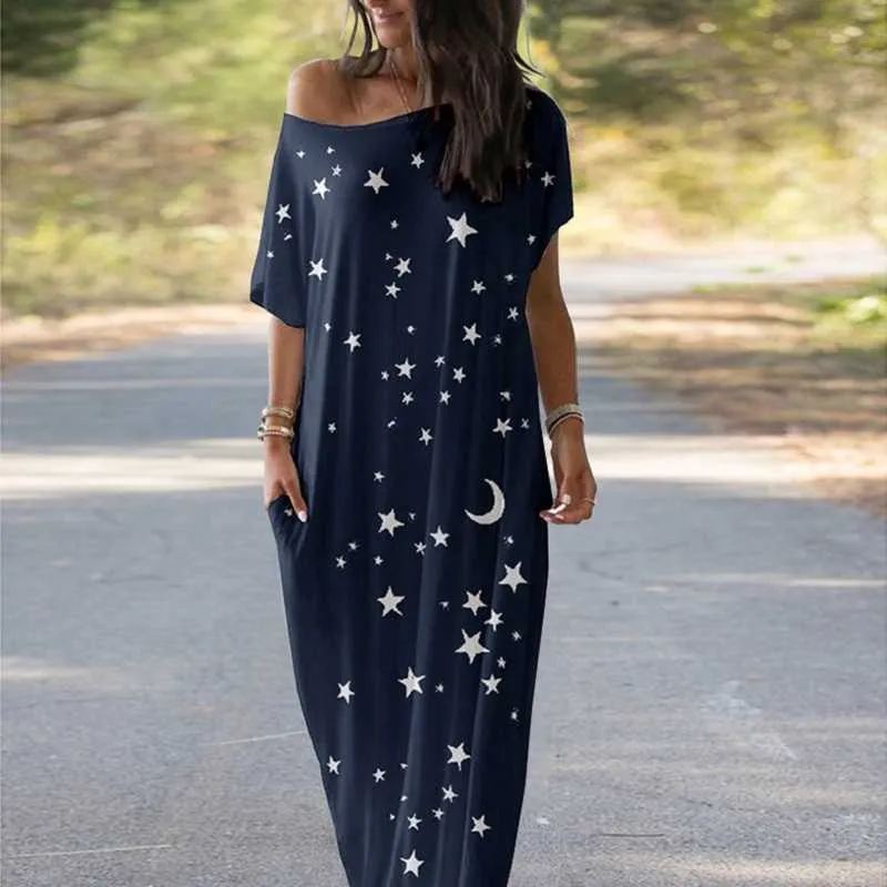 Moon Stars Stampato Casual Donna Maxi DrSummer Abiti O-Collo Manica corta Allentato Lungo DrPlus Size Abbigliamento donna Abiti X0529