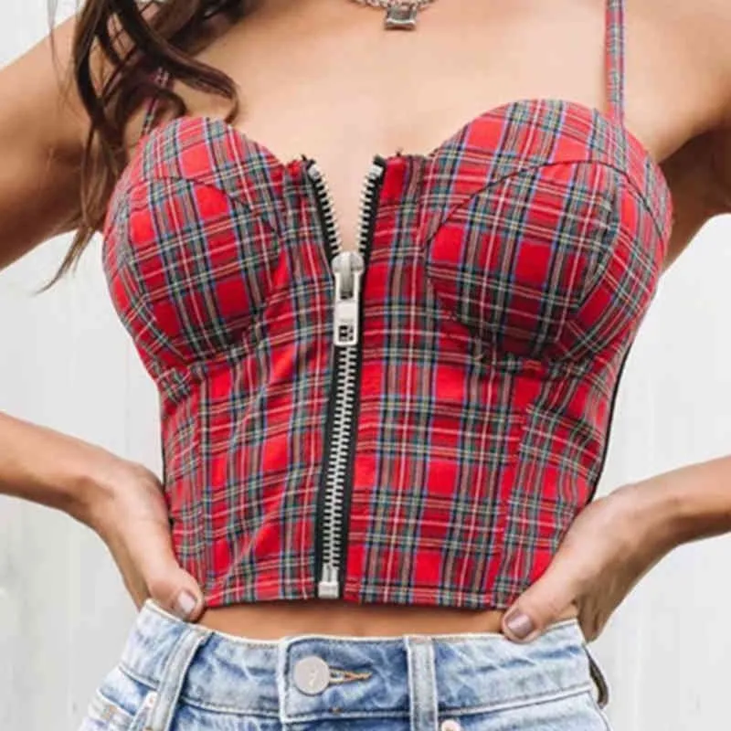 Plaid Rits Cami Crop Top Dames Vintage Verstelbare Riem Controle Camisole Basis Backless Zwart-witte Tops Paars Top 210415