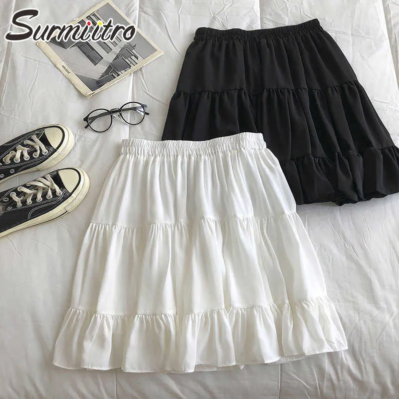 SURMIITRO été Mini jupe femmes Style coréen blanc noir en mousseline de soie volants une ligne taille haute jupe de soleil femme avec doublure 210712