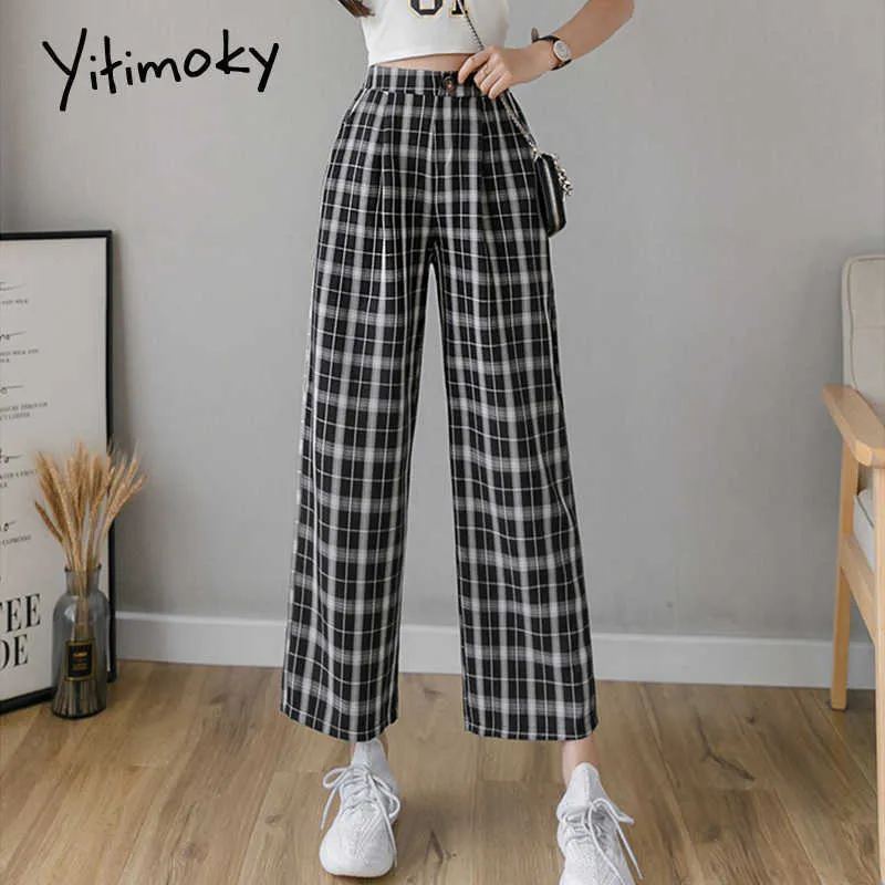 Yitimoky Vintage Plaid Pants Pantaloni Donne Vita alta Plus Size Gamba larga Gamba Casual Pantaloni femminili Summer Joggers Vestiti Streetwear 210706