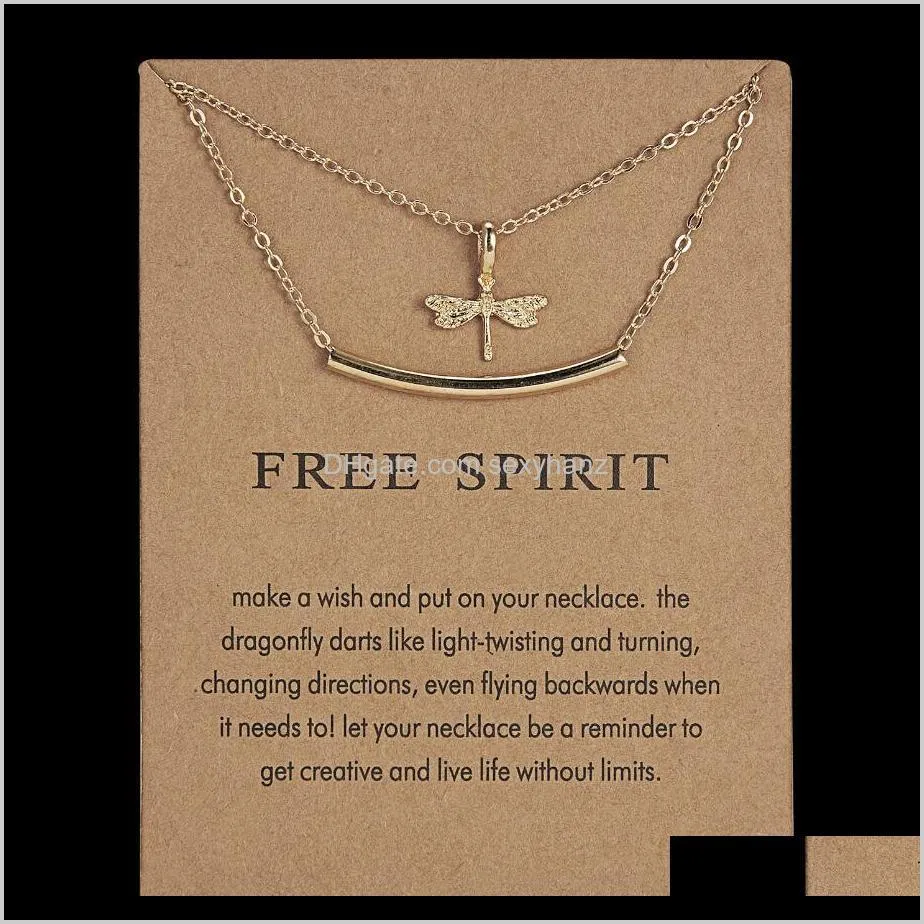 new creative double layer alloy dragonfly pendant necklace with paper card kc gold charm chokers choker chain for women gifts