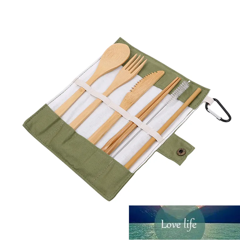 Bärbar miljövänlig bestick set 7pcs bambu bestick set kniv gaffel sked återanvändbar straws chopsticks bambu reser redskap fabrikspris expert design kvalitet