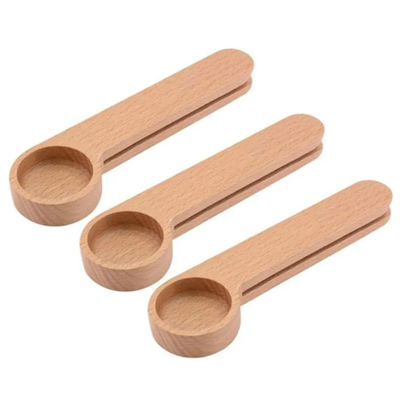 DHL Wooden Coffee Scoop With Bag Clip Tablespoon Solid Beech Wood Measuring Tea Bean Spoons Clips Gift Wholesale DH8886