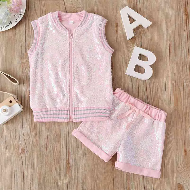 Summer Baby Infant Rompers Girls Clothes Sleeveless Sequin Fashion Zipper Shirt Pink Shorts Costume 12M-5T 210629