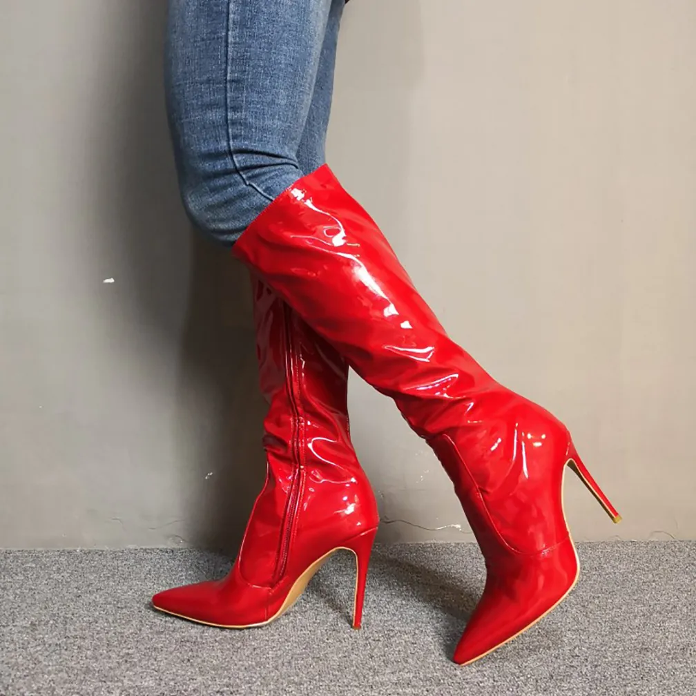 Womens Handmade Real Photos High Heel Boots Red Patent Leather Pointed-toe Knee-high Booties Evening Party Prom Fashion Winter Shoes D527