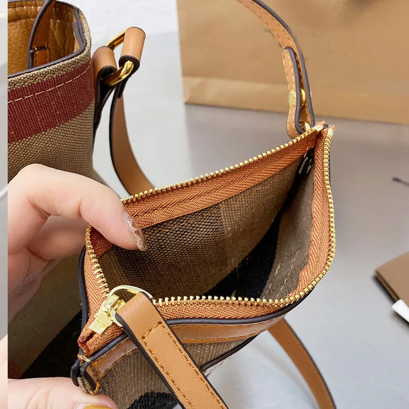 Cotton Hemp Bucket Bag Women Canvas Crosssbody Tote Handbag Classic Check Shoulder Package With Cowhide Leather