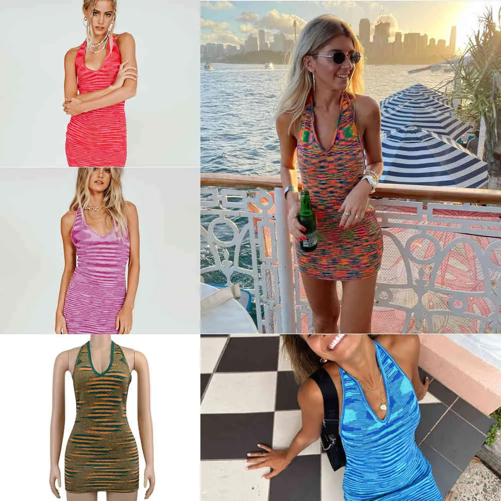 Cryptographic Moda Dzianiny 2021 Summer Sukienka Kobiety Bez Rękawów Hot Sexy Backless Halter Mini Sukienki Bodycon Chic Beach Dress X0629