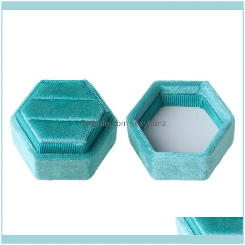 Hexagon Velvet Ring Box Double Display Holder With Detachable Lid For Wedding Ceremony Jewelry Pouches, Bags