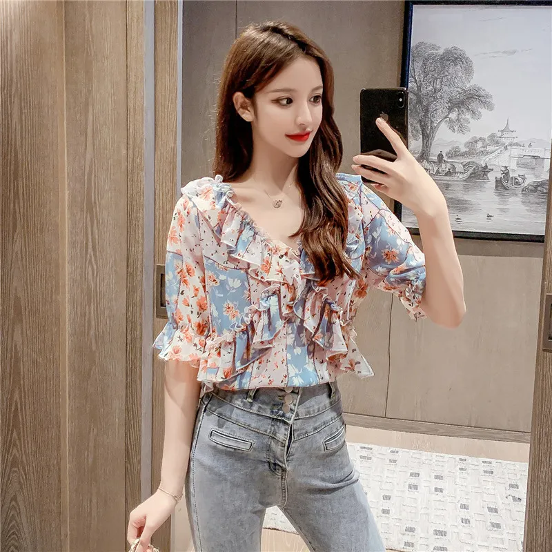 Elegant Korean Floral Chiffon cut blouse with Loose Print