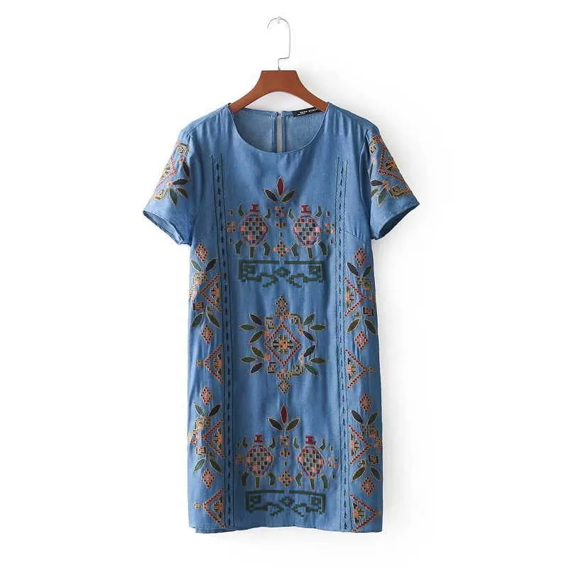 Mulheres Corte Totem Flor Bordado Denim Mini Vestido Elegante Vestido Verão Manga Curta Casual Slim Vestido Direto DS682 210603