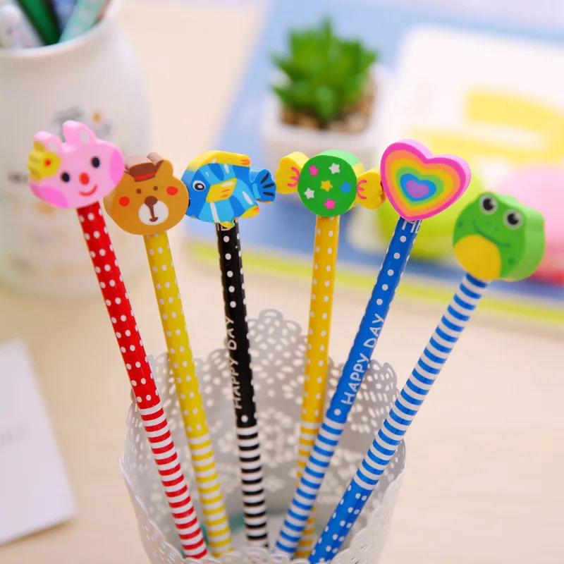 Cartoon Pattern Wood HB Pencil With Eraser Writing Pencils Lead Pen Children Drawing Sketching Stationery Kids Students School Season Teacher's Gift ZL0297