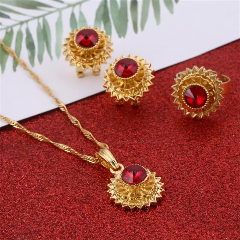 Brincos colar de jóias etíopes conjunto ouro cor de cristal anel de pingente médio habesha casamento