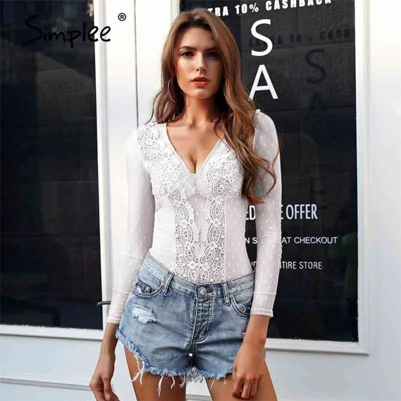 White Long Sleeve Lace Mesh Bodysuit, Tops