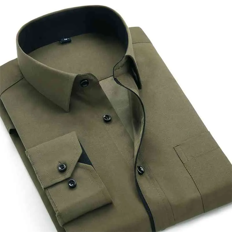 Camisas clássicas dos homens de Aoliwen Barras pretas manga comprida camisa de vestido bolso cor sólida homens selvagens negócio camisa de cassual fit 210714