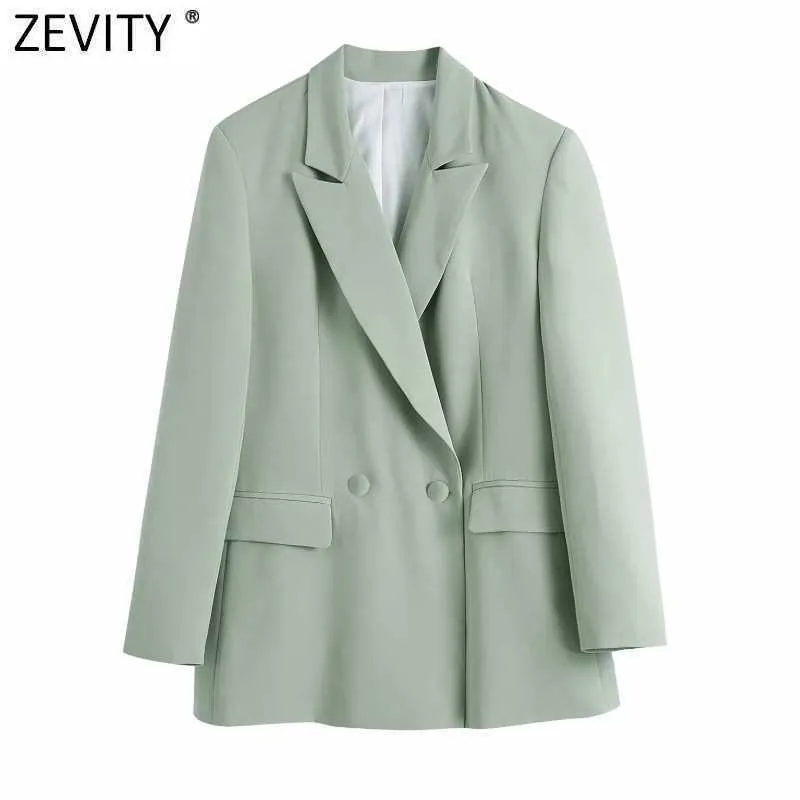 Zevity Womenファッションノッチ襟グリーンフィッティングブレザーコートオフィスレディース長袖ポケット女性のアウターシックトップスCT680 210603