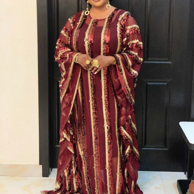 Kadın şerit sequins gevşek iki parça elbise kat uzunluk Müslüman elbise şifon rahat kumaş afrika kutlamak olay artı boyutu 210416