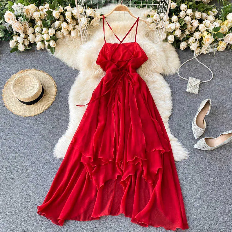 Seaside Holidays Spaghetti Strap Dress Spring Summer Sling Women Dresses Backless Irregular Long Vestidos 6E448 210603