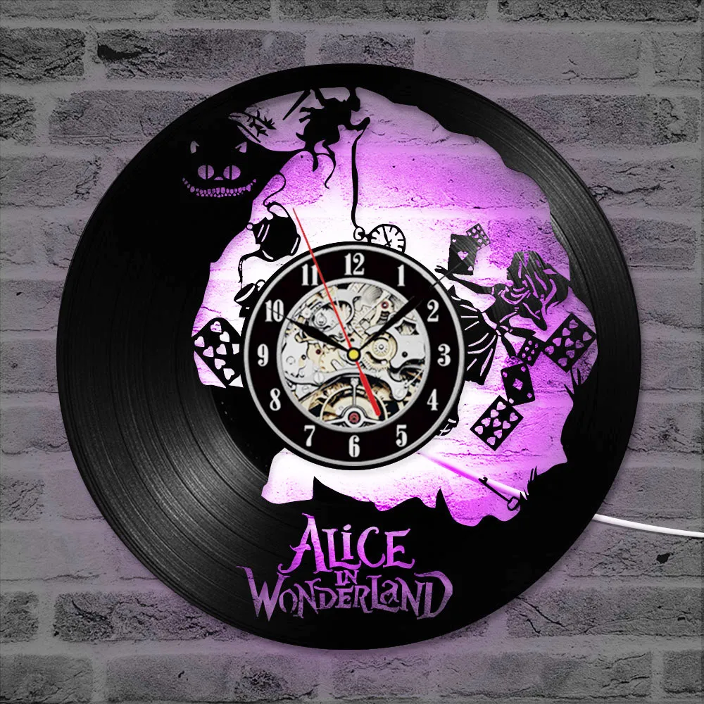 Disque vinyle horloge murale dessin animé Alice au pays des merveilles 3D CD créatif Design moderne suspendus horloges LED décor à la maison