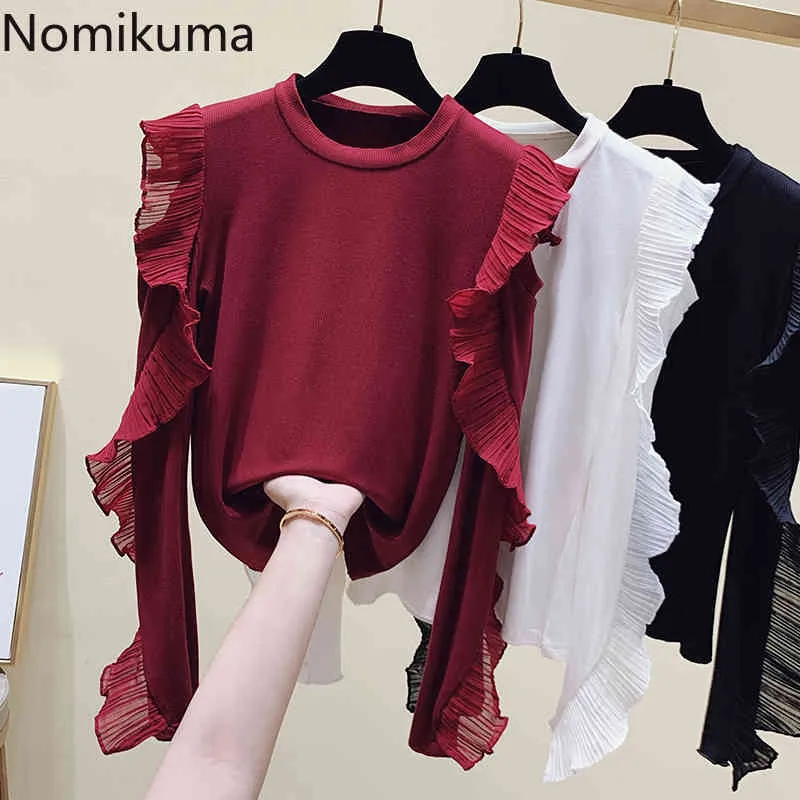 Nomikuma Chegada Ruffle Patchwork T Shirt O Pescoço De Manga Longa Oco Out Magro Camisetas Mulheres Corean Moda Ropa Mujer 3D201 210514