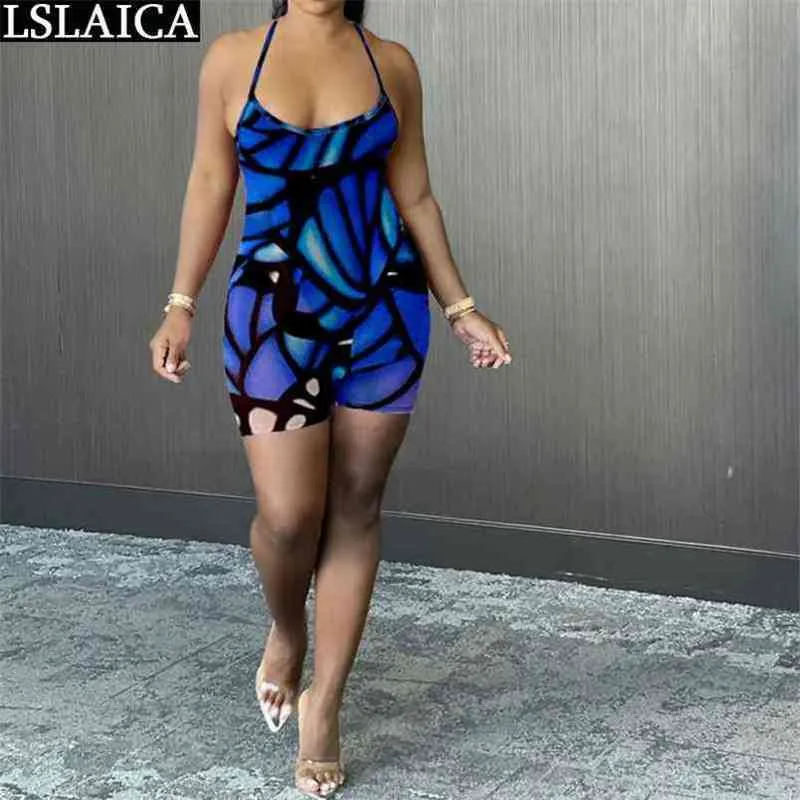 Sexy Rompers&Playsuits Backless Pleated Butterfly Printing Suspender Jumpsuit Personalized Skinny Women Fashion 210515