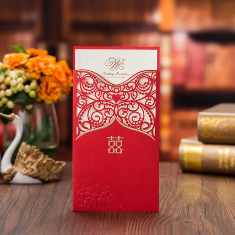 (20 pièces/lot) carte d'invitation de mariage rouge chinois fleur coupée au Laser Invitations d'anniversaire de fiançailles or avec enveloppe CX060R