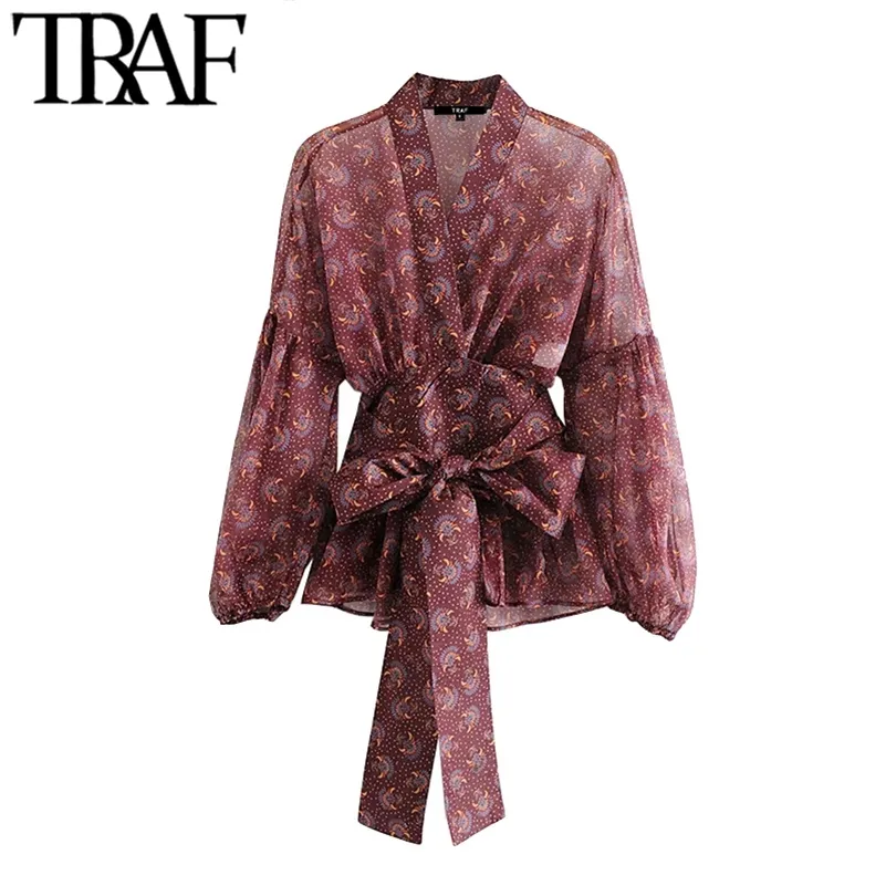 TRAF Women Fashion Print With Bow See Through Wrap Blouses Vintage V-hals Lange mouw Vrouwelijke shirts Blusas Chic Tops 210415