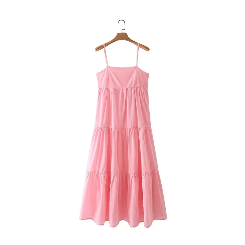 Verano de las mujeres con volantes escalonados rosa tirantes Midi Vestido femenino ropa sin mangas Casual señora Vestido suelto D7770 210430