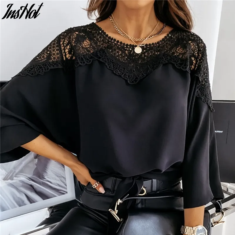 Casual Kadın Batwing Kol Katı Bluz Zarif Bahar Dantel Tığ Oymak Gömlek Ofis Bayanlar O Boyun Kazak Tops Blusas 210514