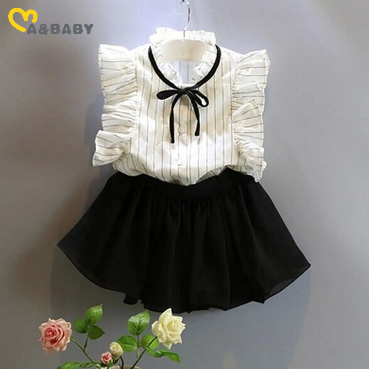 2-7y criança criança meninas roupas definir verão babados camisas blusa tops preto saias roupas para crianças trajes 210515