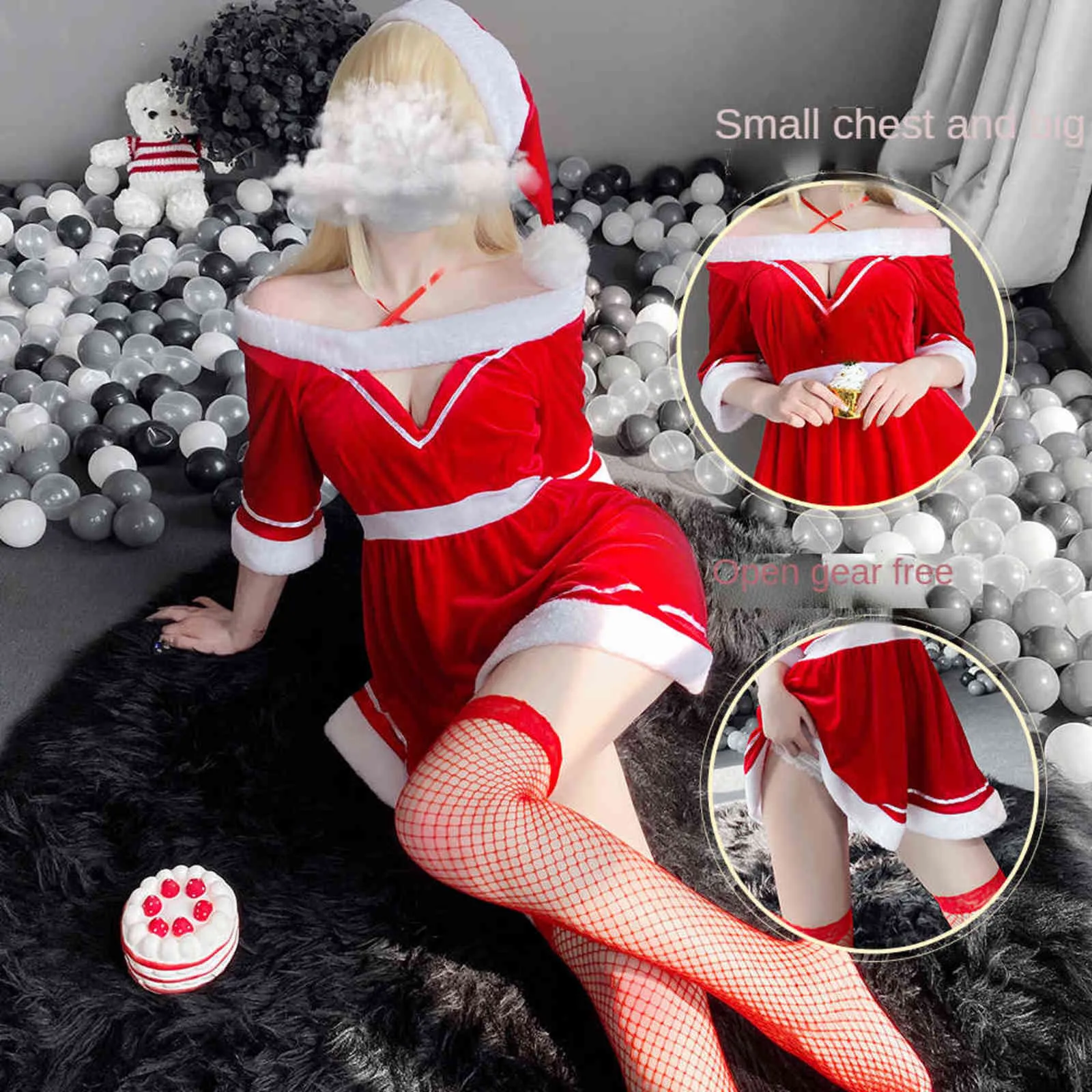 NXY Sexy Setwomen Boże Narodzenie Cosplay Costume Sexy Lingeries Winter Red Sukienka Hollow Otwarte Stroje Pałeczki Lady Santa Z Hat Maid Uniform 1127