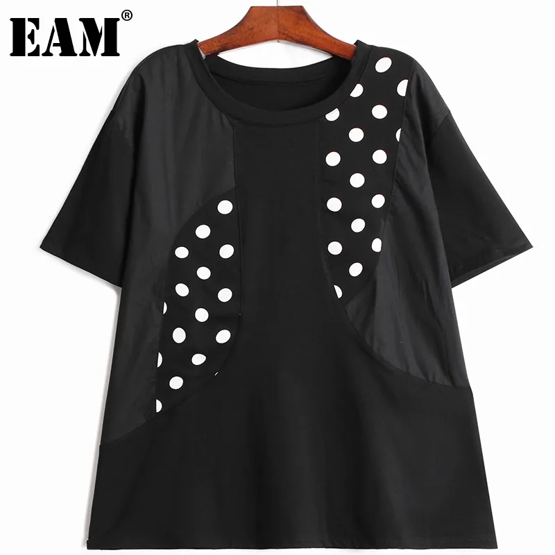 [EAM] Kobiety Czarny Wielki Rozmiar Kontrast Kolor Łyzyki Koszulka Okrągły Neck Krótki Rękaw Moda Wiosna Lato 1DD8242 21512