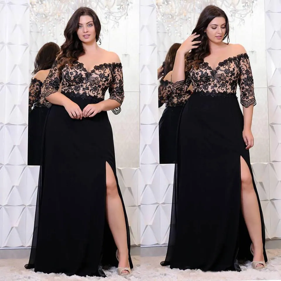 Black Lace Plus Size Prom Dresses met halve mouwen uit de schouder V-hals Split Side Avondjurken A-lijn Chiffon Formele jurk