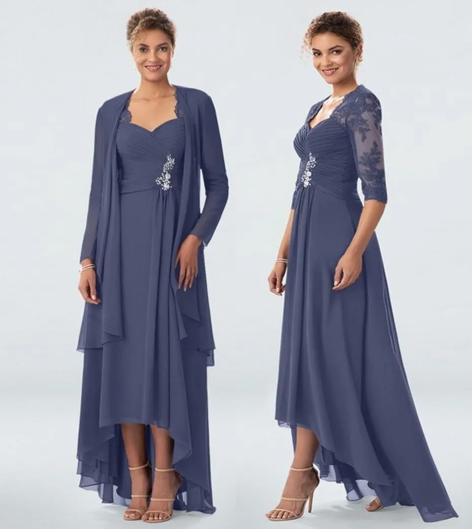 Plus taille sur mesure en mousseline de mousseline de la mariée robes de marié de mariée robes de fête de mariage en dentelle hi lo 3/4 manches longues mode ng godmor