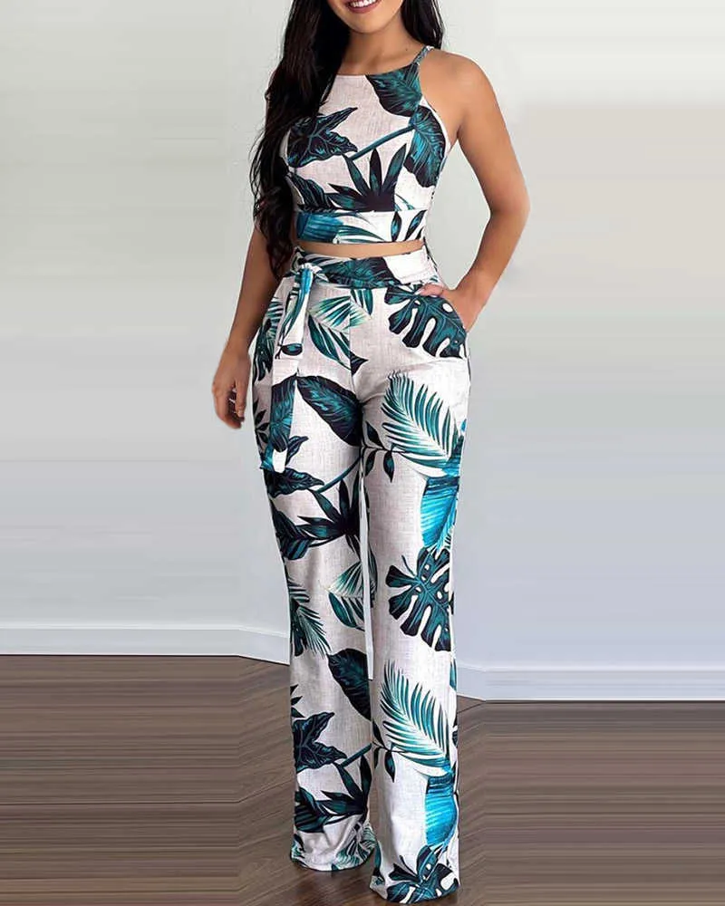 2021 Kobiety Lato Wiosna Casual Bez Rękawów Tropical Print Crop Top Długie Spodnie Ustaw Wakacje 2 sztuk Zestaw Y0625