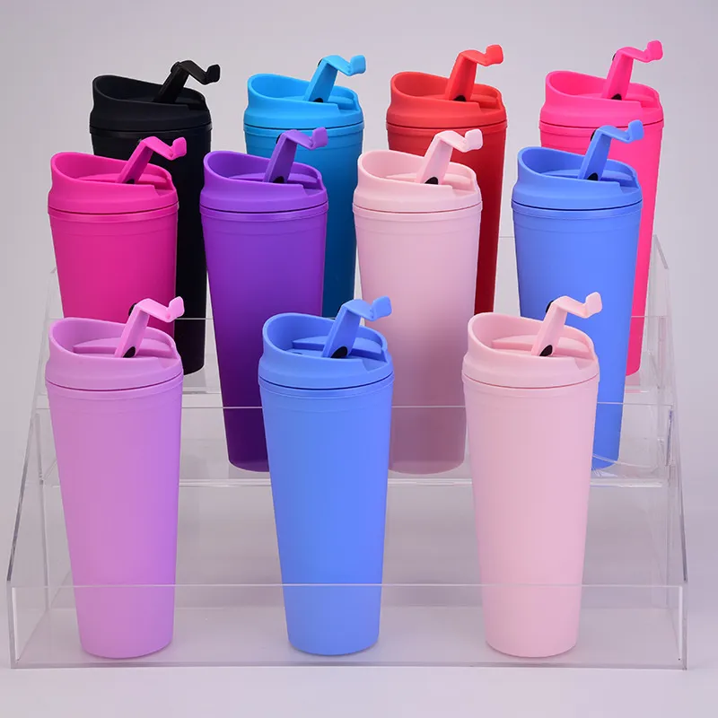 Double-layer Plastic Frosted Tumbler 22OZ Matte Plastic Bulk Tumblers With Lids for Outdoor Sport Camping