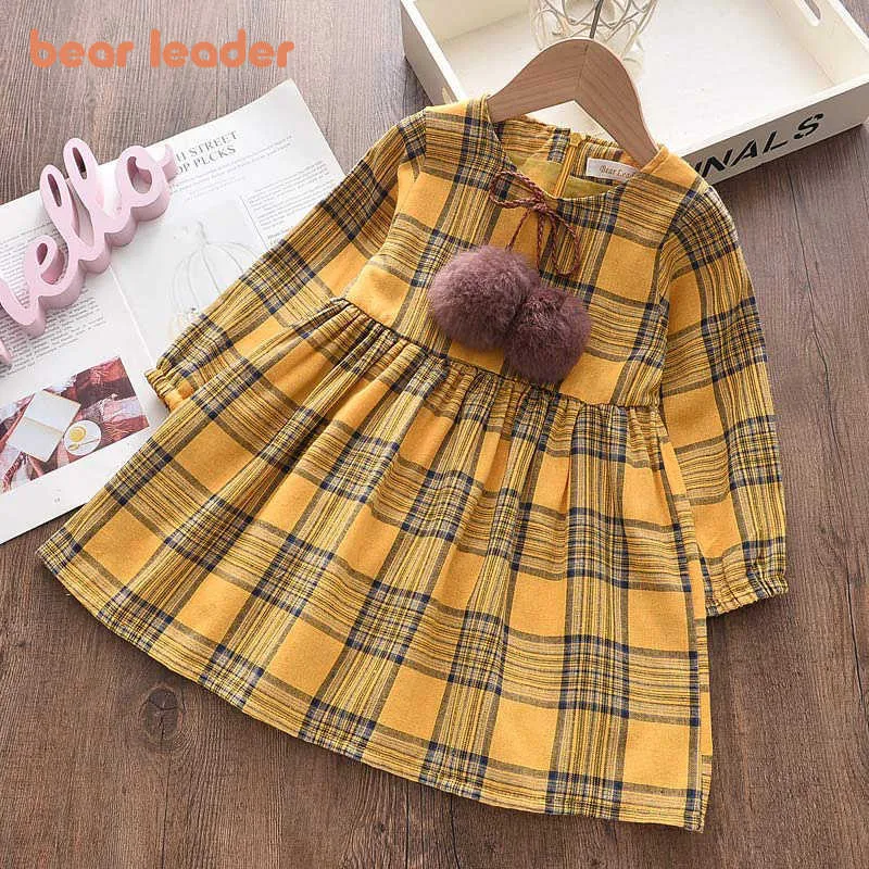 Bear Leader Girls Jesień Dress Party Plaid Dress Girls Fluffy Ball Odzież Długie Rękaw Dziecko Cute Odzież Kids Vestidos 210708