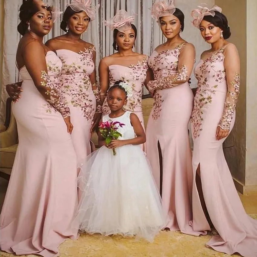 Black Girls 2021 Mermaid Bridesmaid Side Split Illusion Illusion Long Manches Appliques de mariage Robe African Maid of Honor Robes plus taille