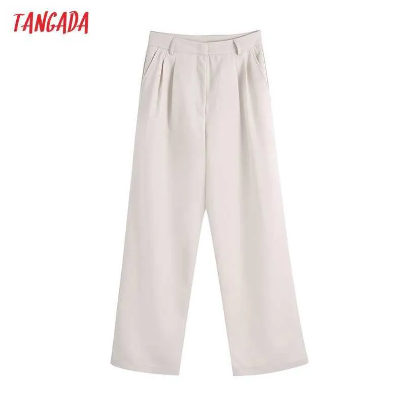 Tangada Mode Frauen Elegante Beige Anzug Hosen Hosen Taschen Knöpfe Büro Dame Hosen Pantalon BE707 210609