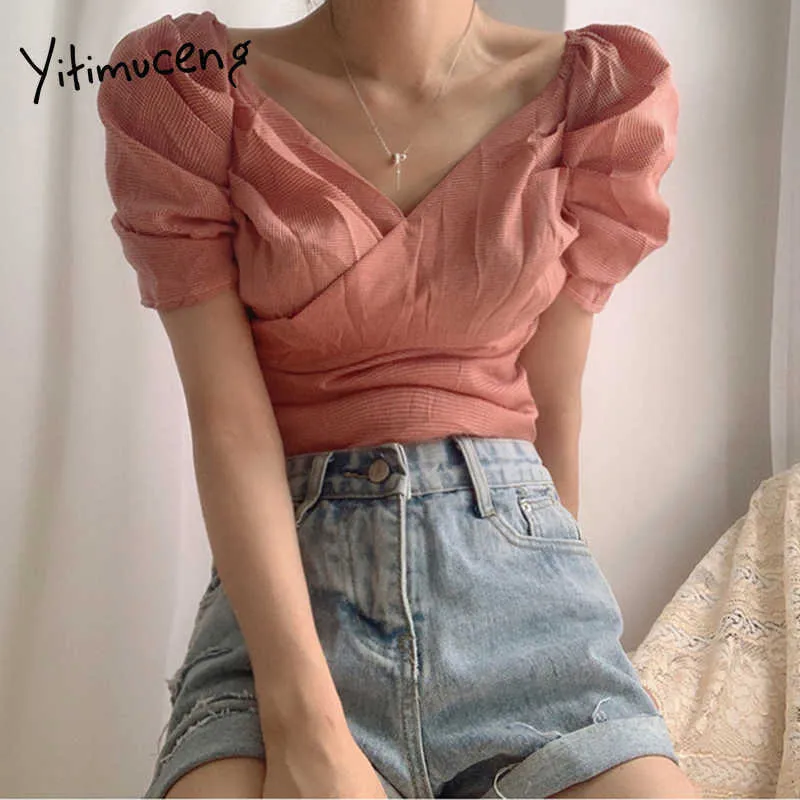Yitimuceng Vintage Plaid Blouse Women Folds Slim Shirts Korean Fashion Short Puff Sleeve V-Neck Red Yellow Tops Summer 210601