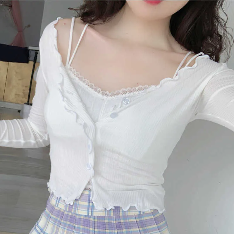 女性の春の夏の韓国のレースのフリルの薄い色の色ニットフルスリーブトップスTシャツショートレディースホワイトT78S 210603