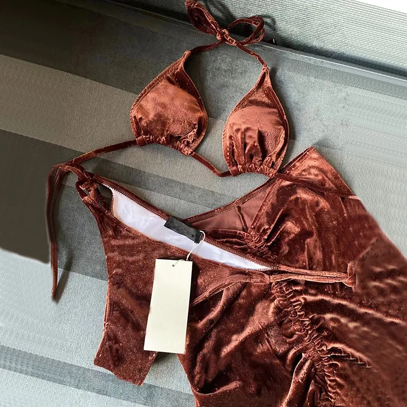 Paris Velvet Push Up Bikinis Tasarımcısı Thong Biquini Bandage Üç Parçalı Bikini Set Seksi Lüks Mayo Etek Mayo Kadın Mayo Bater Beach Giyim Markası XL