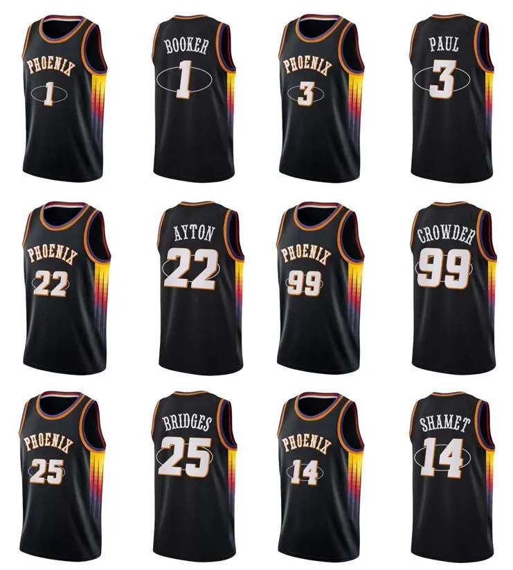 Basketball Jersey Chris Paul # 3 Devin Booker # 1 Ayton # 22 Broar # 25 Crowder # 99 Shamet # 14 PhoenixCity tröjor Svart Män Ungdom S-XXL I lager