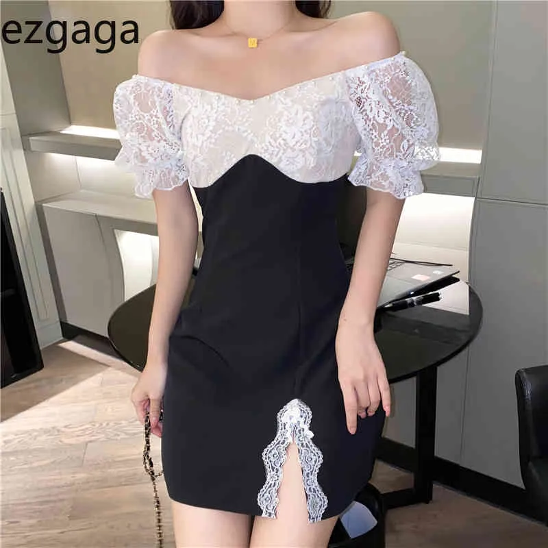 Ezgaga Korean Fashion Sexy Bodycon Dress Women Short Sleeve V-Neck Lace Patchwork Summer New Split Bead Chic Party Dress 210430