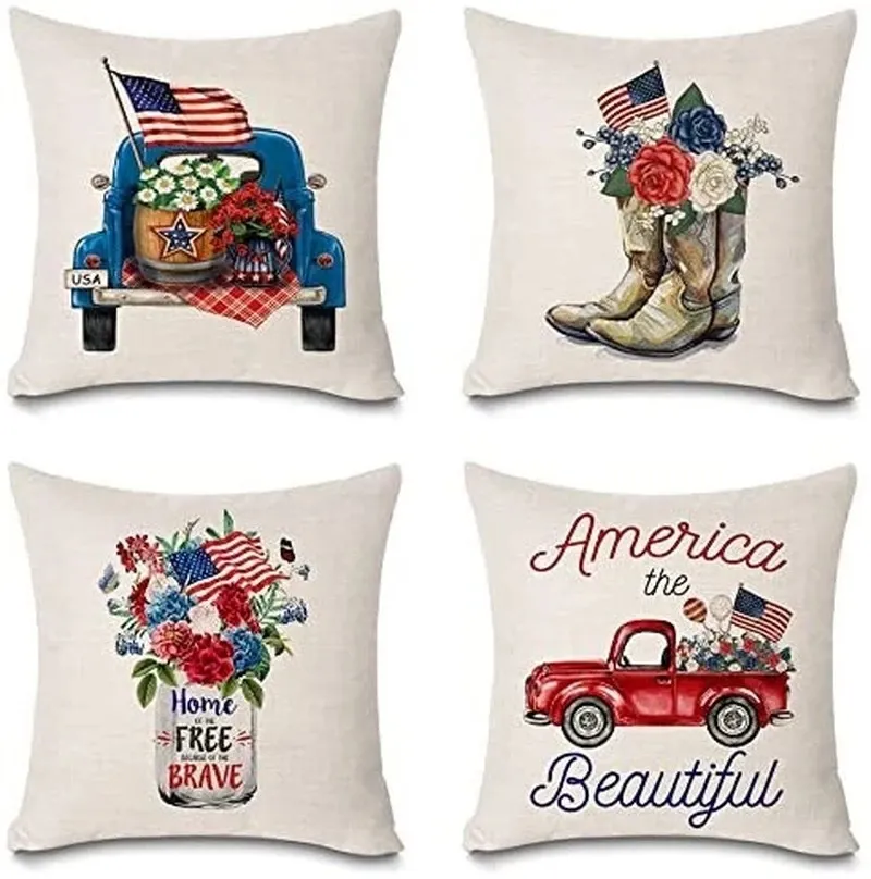 Independence Day Party Patriotic Truck Pillow Pillowcase Farmhouse Decoration Independent Cushion Cover Sofa Cotton Linen Home Decor