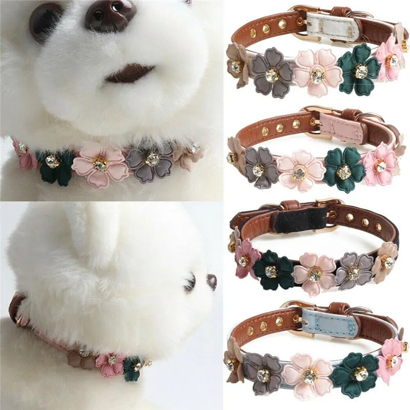 Dog Collars & Leashes Cute Flower Studded PU Leather Girly Puppy Cat Small Medium Pet Collar Leash Personalised Safety Necklace Adjustable